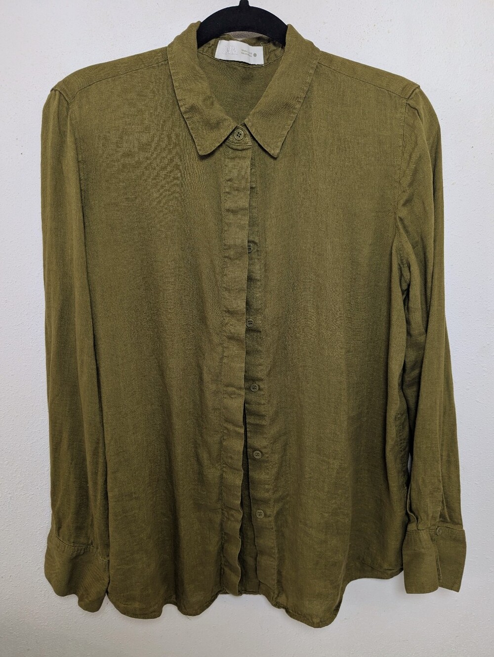 Zara Women's Blouse Size L Long Sleeve Green 100% Linen
